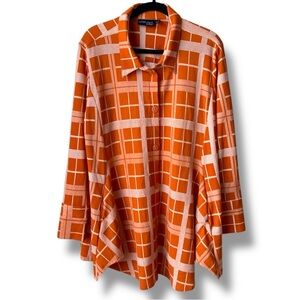 ATTITUDES By Renee Button Up Swing Top Plaid Orange White LP